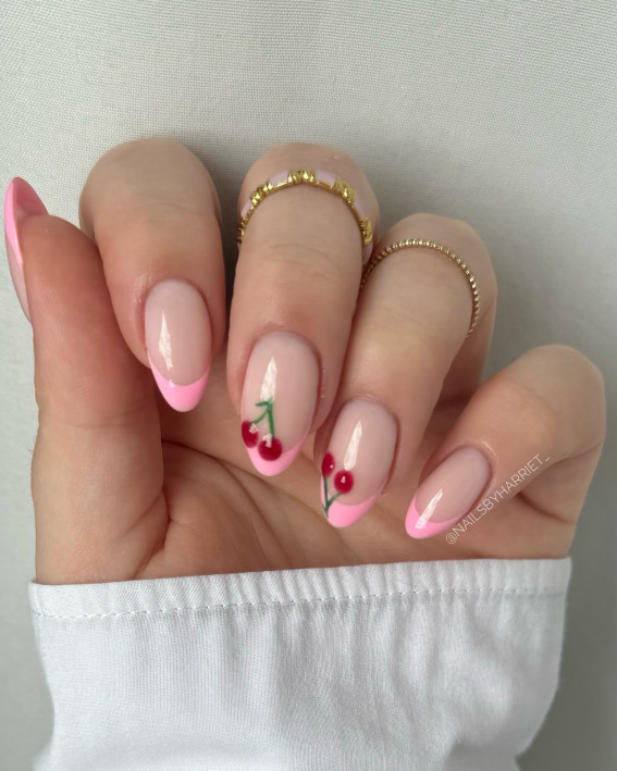 pastel pink with cherry nails, fruit nails, cherry nails