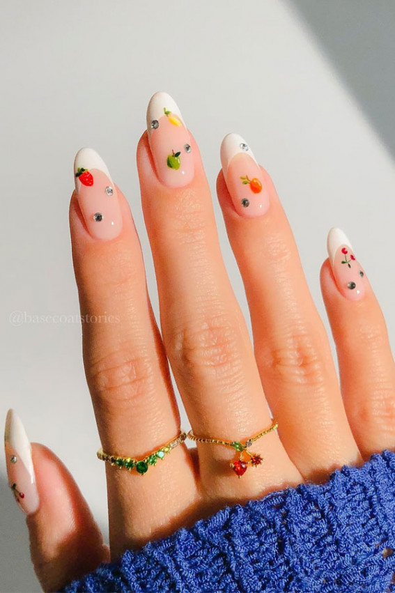 fruity nails, fruit-inspired nails, fruit-inspired nail art, french tips with fruit