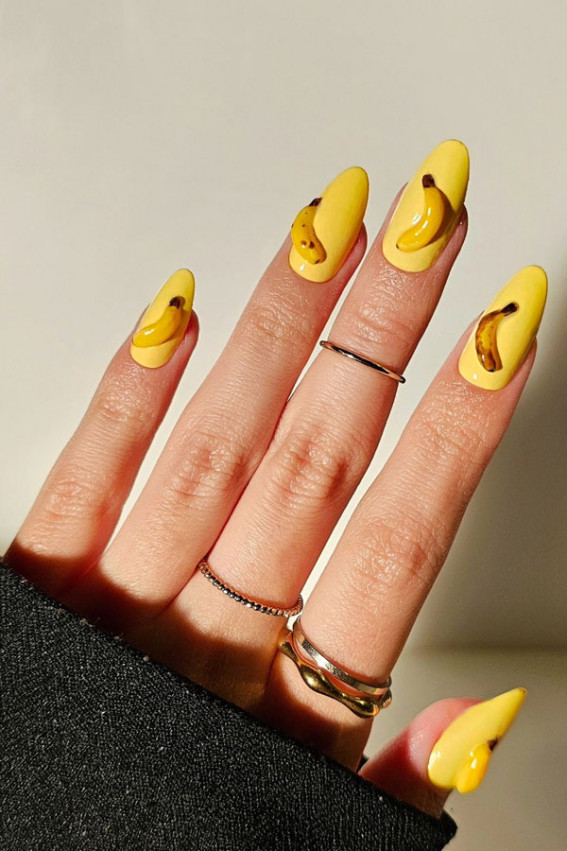 3d Banana nails, banana-inspired nails, fruit-inspired nail art, fruit nails, banana nails