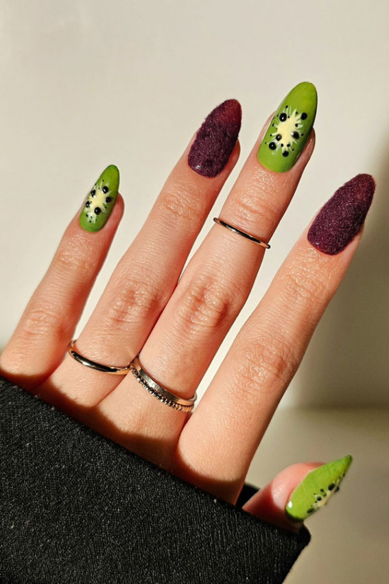 kiwi-inspired nail art, kiwi nail art, fruit-inspired nail art, fruit nail designs, summer nails