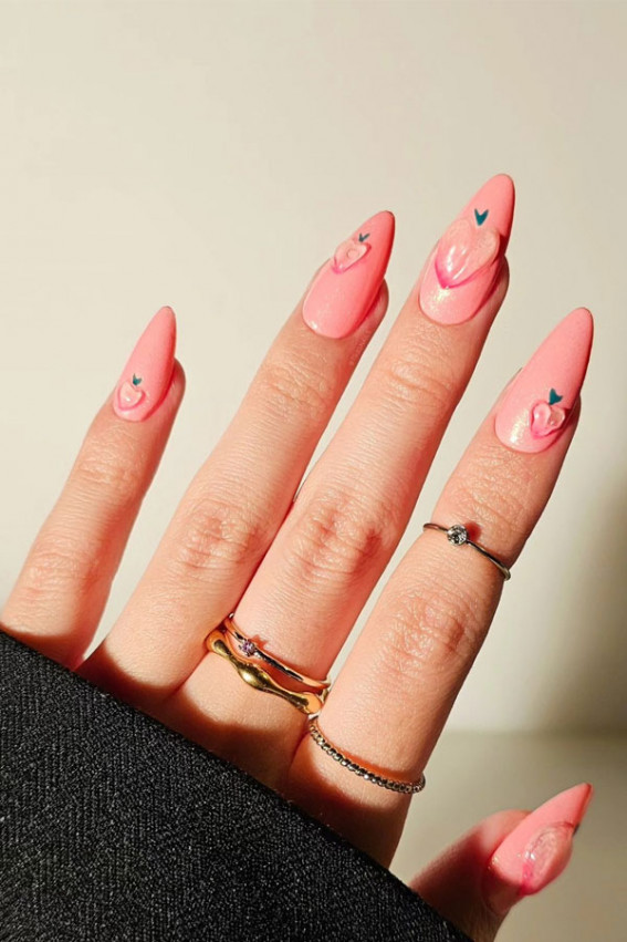 peach-inspired nail art, peach nail art, fruit-inspired nail art, fruit nail designs, summer nails