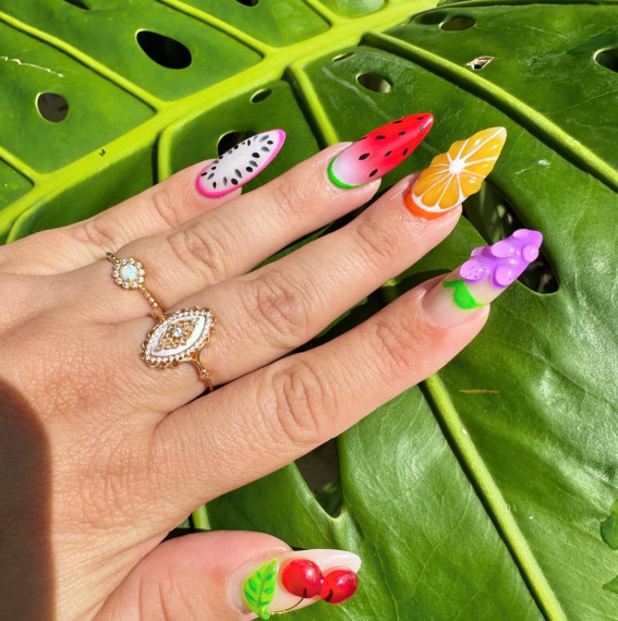 3D juicy nail art, citrus nails, fruit-inspired nail art, fruit nail designs, summer nails, summer nail art, summer nail designs