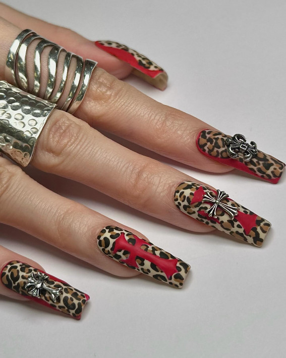 acrylic leopard nails, leopard print nails long, leopard print nails with red accent