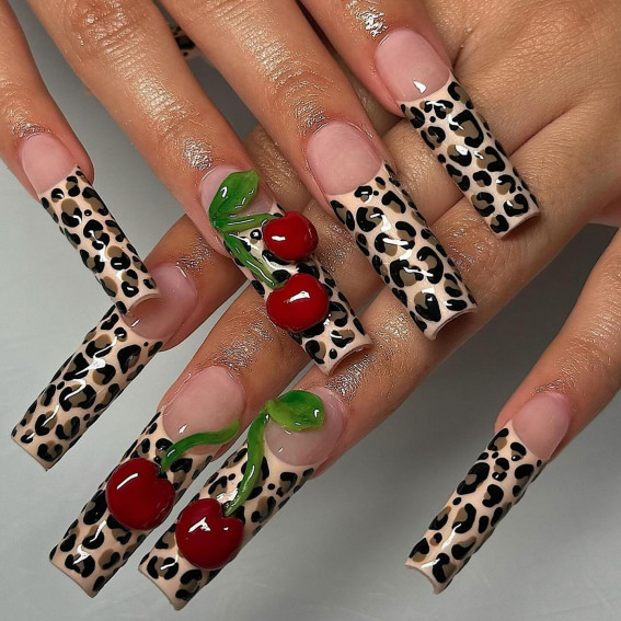 acrylic leopard print french tip nails, leopard nails, leopard print nails long, leopard print french tip nails with cherry