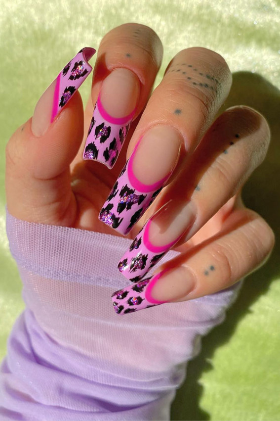 leopard print double pink french tip nails, pink leopard french tip nails, acrylic leopard pink french tip nails