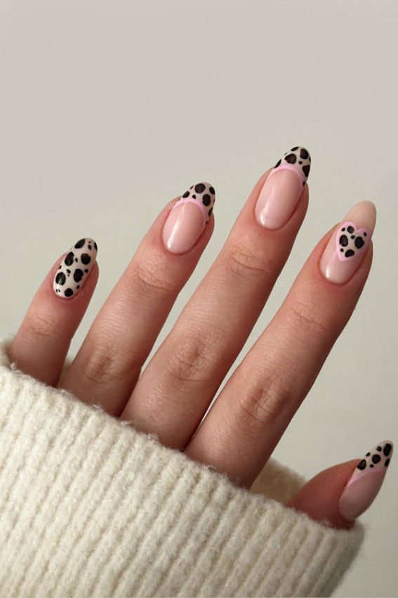 leopard french tip nails, leopard french tip nails with love heart, leopard print with pink accent nails