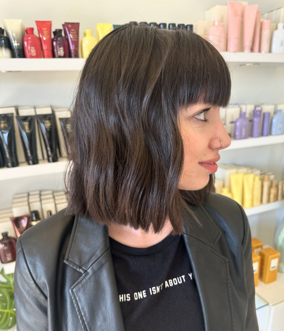 Medium length bob with fringe, long bob with fringe, Short medium length bob with fringe, long bob with bangs, layered bob with side bangs, mid-length bob with fringe, bob with curtain bangs, long bob with bangs, lob with bangs