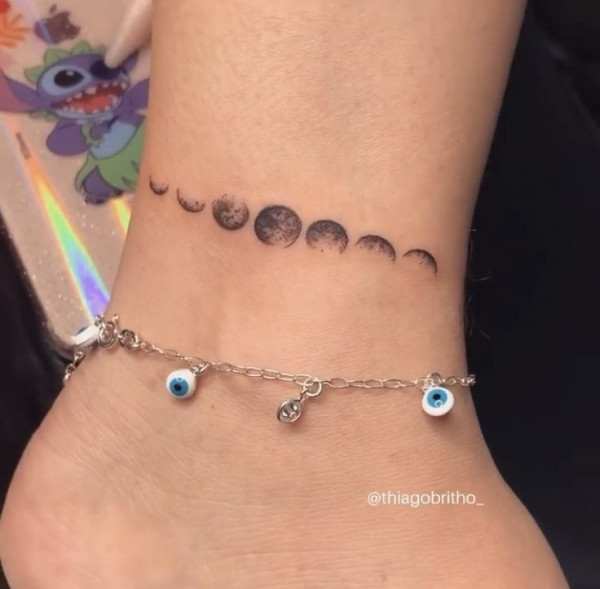 ankle tattoos, small moon phase tattoos, minimalist moon phase tattoo designs