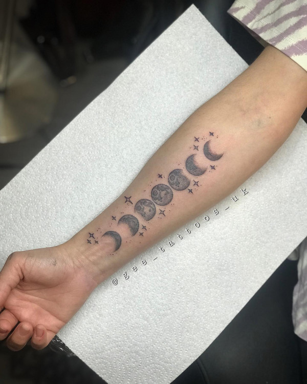 moon phase tattoos, moon phase tattoo designs, moon phase tattoo, arm tattoos, moon phase and stars tattoo