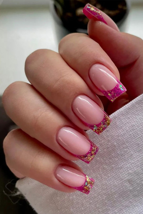 pink glitter tip nails, pink french tip nails, pink french tip nails with pink floral accents, pink french tips short nails