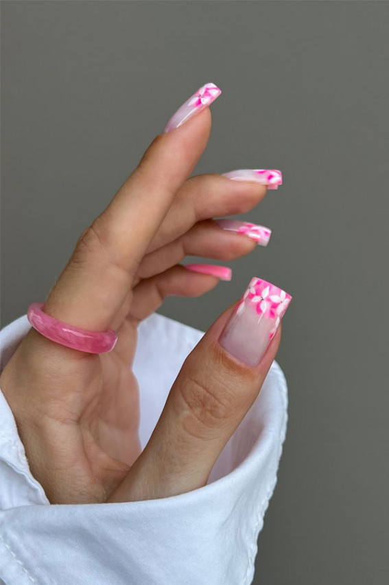 pink and white floral french tip nails, floral french tip nails