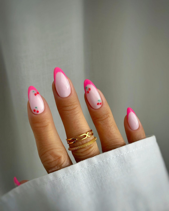 hot pink french tip nails, pink french tip nails, pin french tip nails with cherry