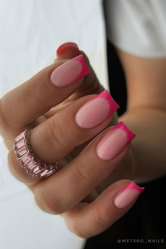 hot pink short square nails, pink french tip nails, pink french tip nails with glitter, pink french tip short nails