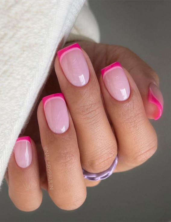 hot pink short square nails, pink french tip nails, pink french tip nails with glitter, pink french tip short nails