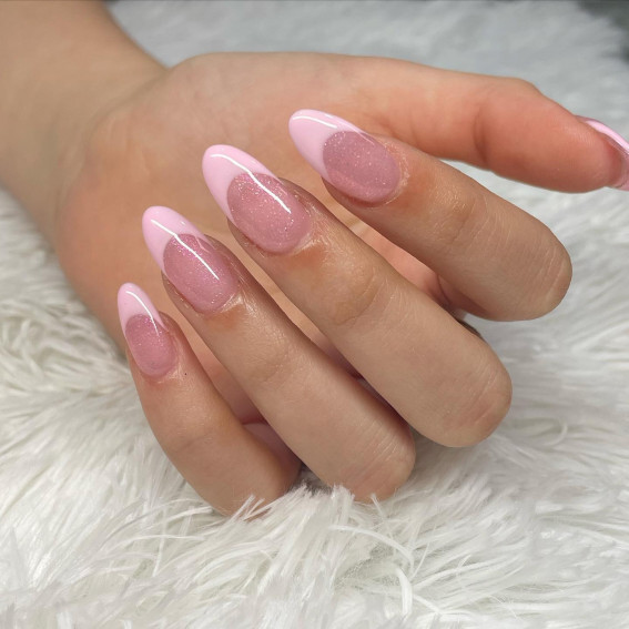 baby pink tip sparkly nails, baby pink french tip nails, pink french tip short nails