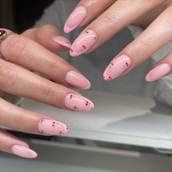 baby pink french tip nails, baby pink french tips, pink french tip nails, pin french tip nails with cherry