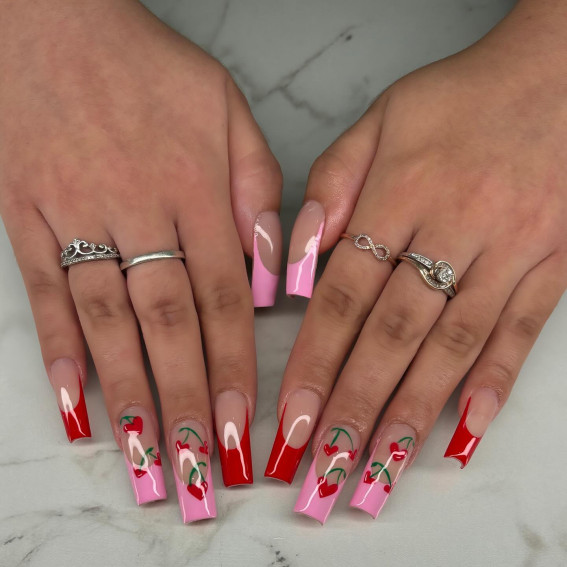 pink and red french tip nails, pink french tip nails, pin french tip nails with cherry, pink and red tips, acrylic pink french tip nails
