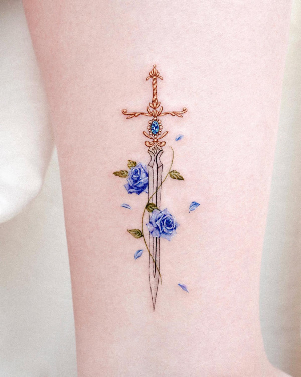 sword and rose tattoo, blue rose tattoo, rose tattoo designs