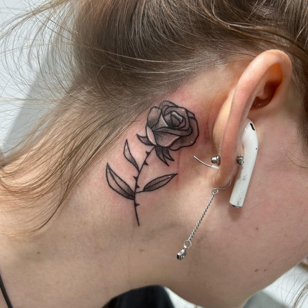 behind ear tattoos, rose behind ear tattoo, rose tattoo designs, rose tattoo color, rose tattoos