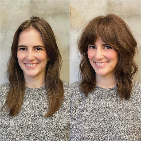 shag haircut, before and after shag haircut, medium-length shag haircut with fringe, shag haircut with fringe