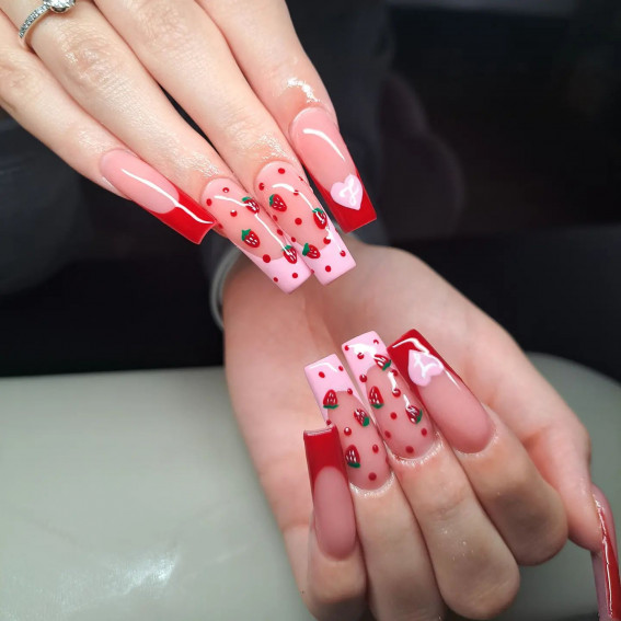 strawberry nails, strawberry nails coffin, strawberry nails long, strawberry nails acrylic, strawberry french tip nails 