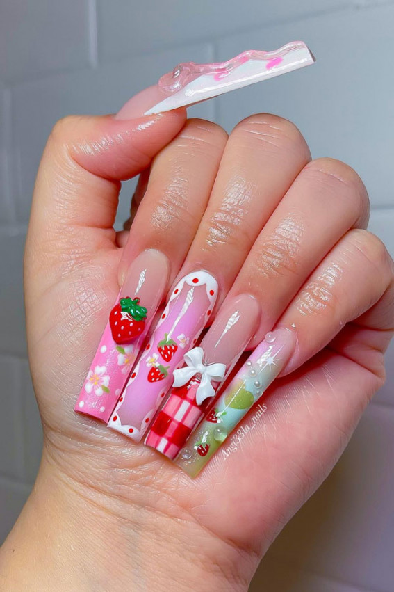 kawaii nails, coquette nails, strawberry nails, strawberry nail designs, simple strawberry nails, strawberry nails long, strawberry nails acrylic