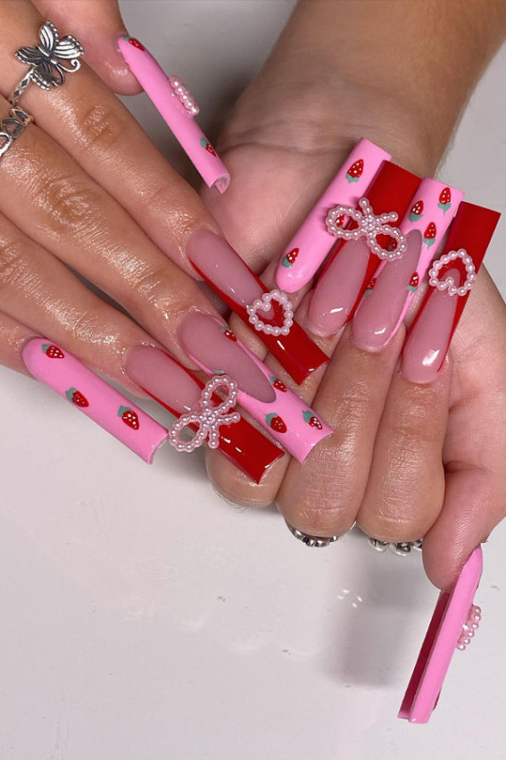 pink and red strawberry nails, strawberry nails, strawberry nail designs, simple strawberry nails, strawberry nails long, strawberry nails acrylic