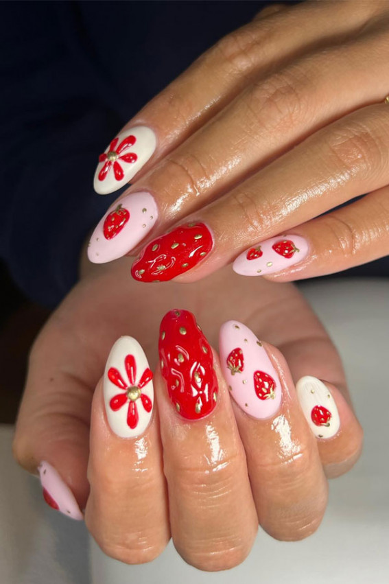 strawberry inspired nails, summer nails, strawberry nails