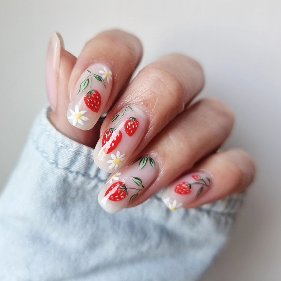 fruit-inspired nails, strawberry inspired nails, summer nails, strawberry nails