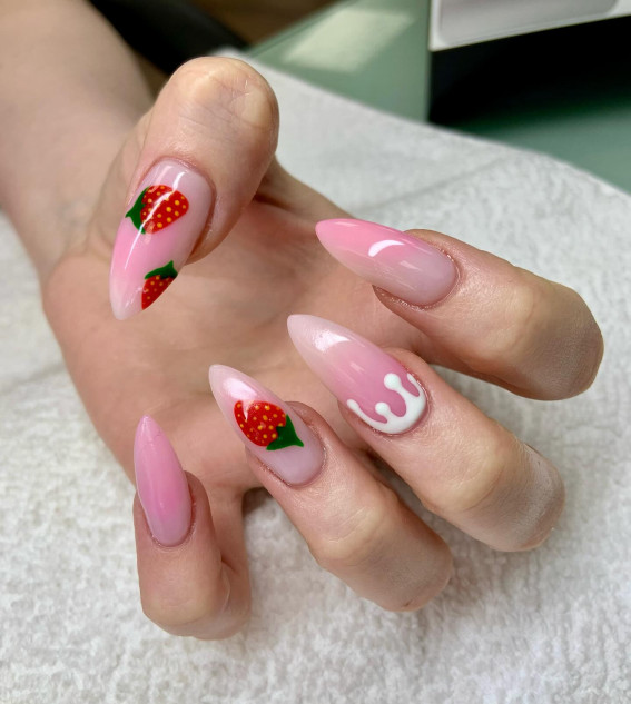 subtle nails with strawberry accent, subtle nails, summer nail designs