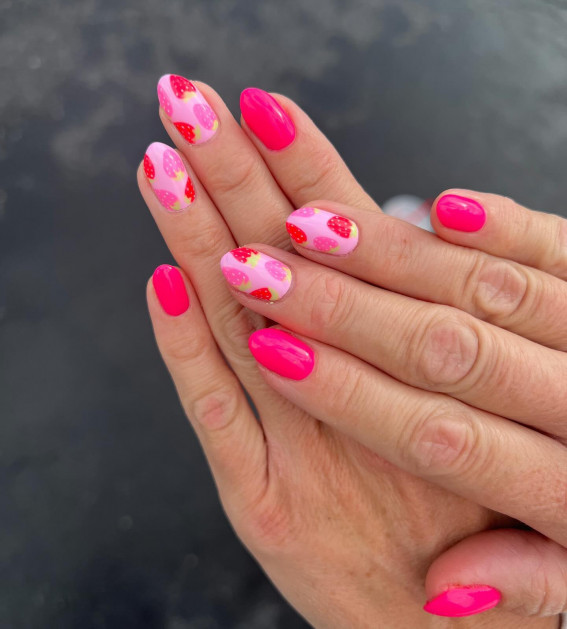 strawberry pink nails, summer nails, summer nail designs