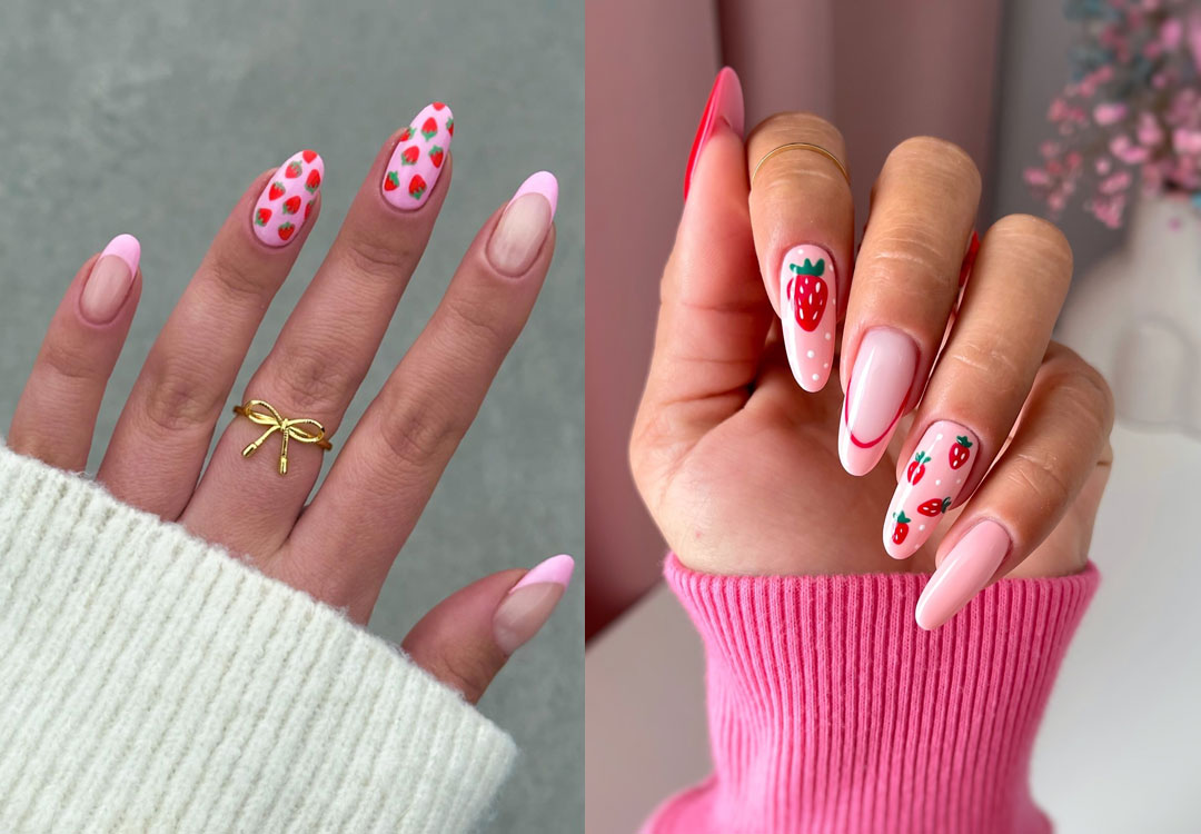 strawberry nails, strawberry nail designs, simple strawberry nails, strawberry short nails