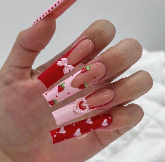 strawberry nails, strawberry nail designs, simple strawberry nails, strawberry nails long, strawberry nails acrylic