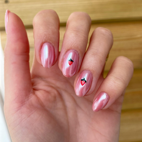 donut glazed nails with strawberries, simple strawberry nails