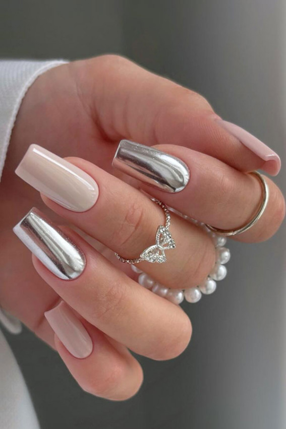 chrome nails, summer nails, nude and chrome nails