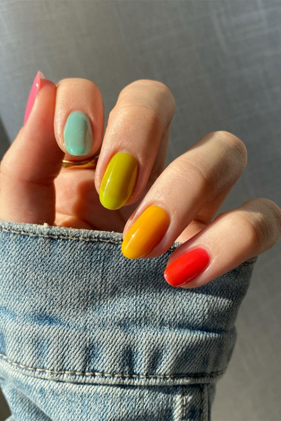 multi-colored summer nails, summer nail designs, bright summer nails