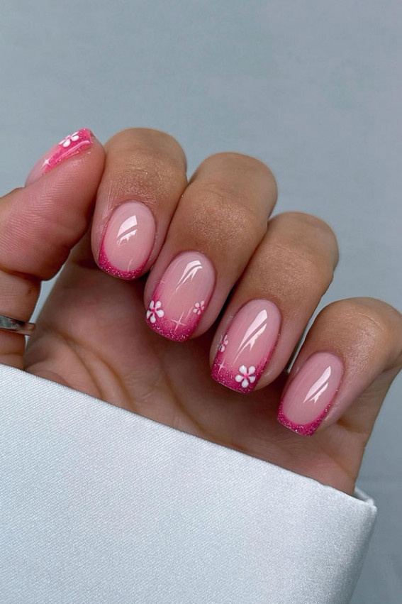 glitter pink tip nails, pink french tip nails, summer nails, summer nail art, summer nails color