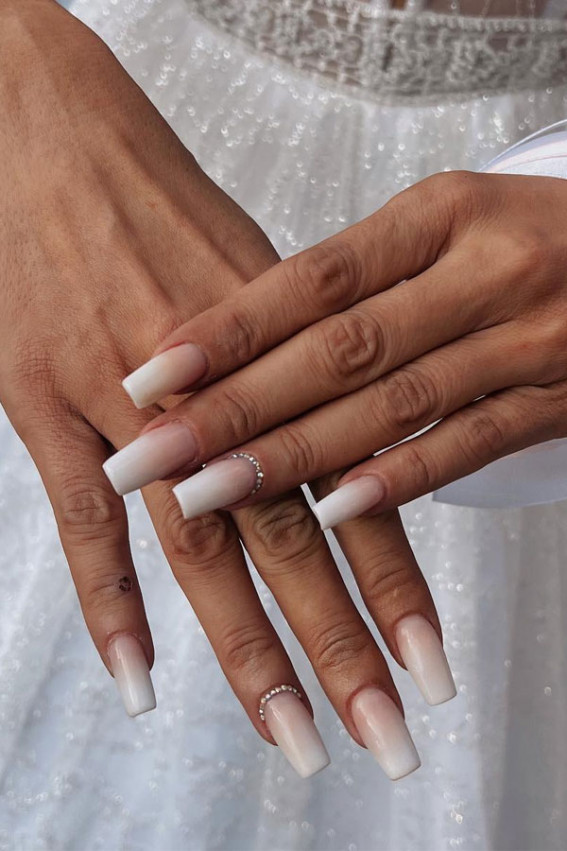 ombre nude nails with gems, classy ombre nude nails for bride, wedding nails for bride