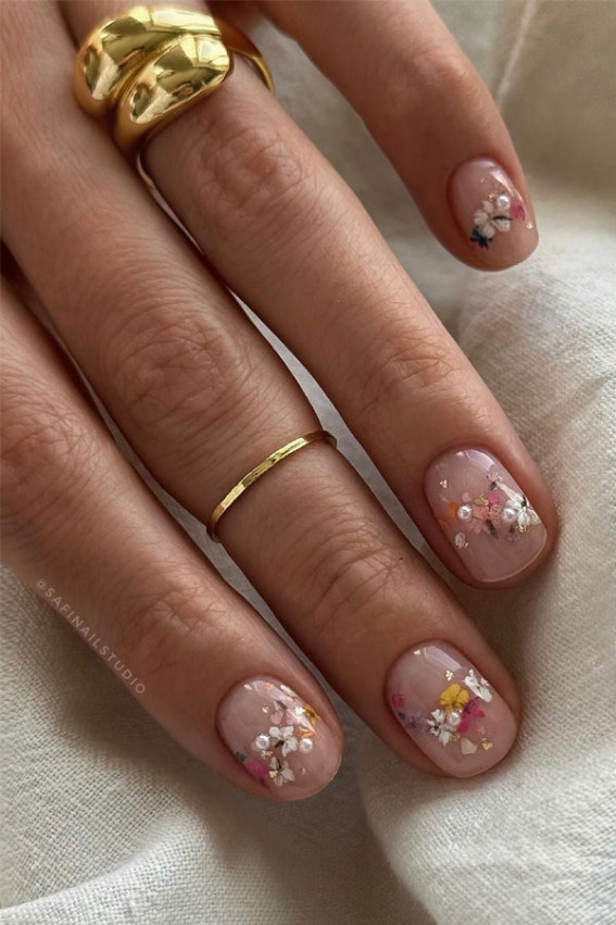 floral nail art, wedding nails, wedding nails short, encapsulated floral nails