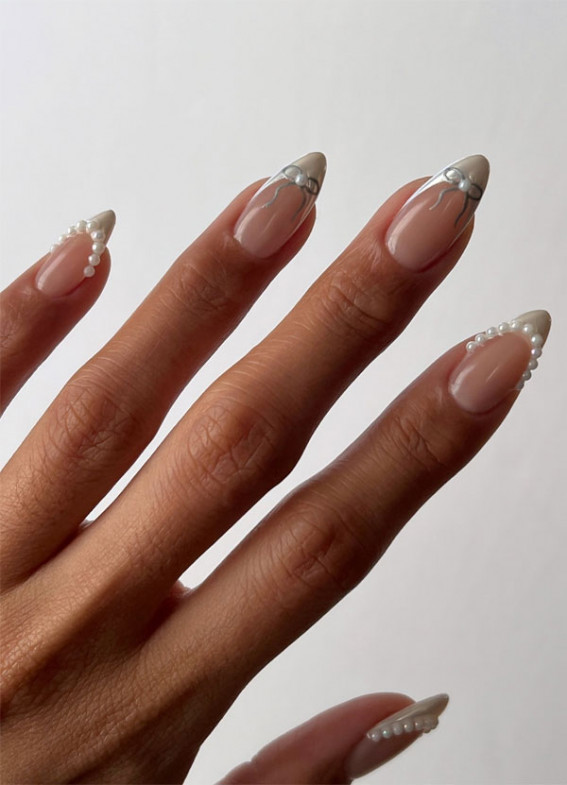 classic french tip nails with pearls, bridal nails, wedding nails, french tip nails