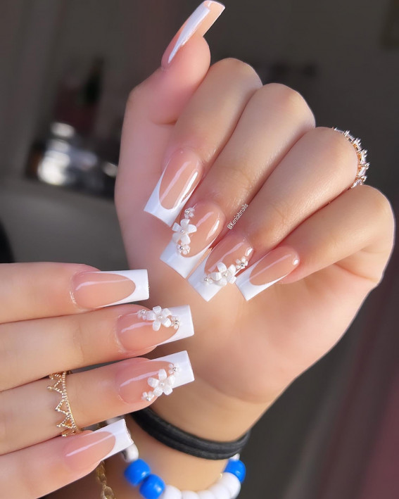 intricate wedding nails, 3d floral wedding nails, classic french nails