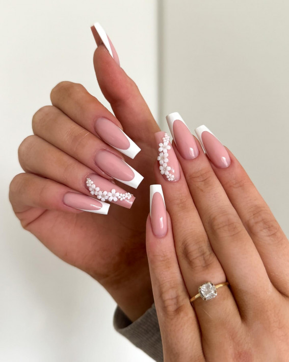 intricate wedding nails, 3d floral wedding nails, classic french nails