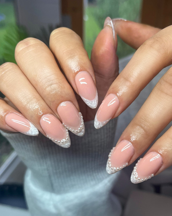 pearl tip nails, wedding nails french ombre, French tip wedding nails short, French tip wedding nails with glitter, French tip wedding nails simple, nail designs, french tip with color, french manicure, wedding nails, classy wedding nails, french wedding nails, classic french nails with a twist