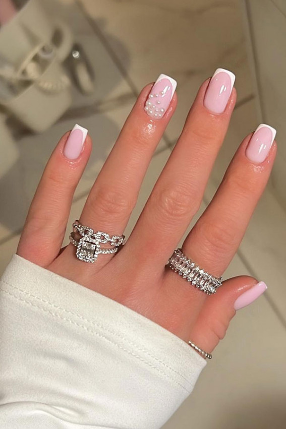 pearl tip nails, wedding nails french ombre, French tip wedding nails short, French tip wedding nails with glitter, French tip wedding nails simple, nail designs, french tip with color, french manicure, wedding nails, classy wedding nails, french wedding nails, classic french nails with a twist