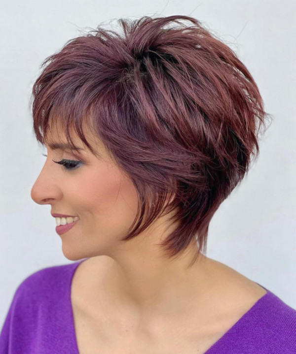 32 Best Bixie Haircuts: Plum Hued Feathered Bixie Haircut