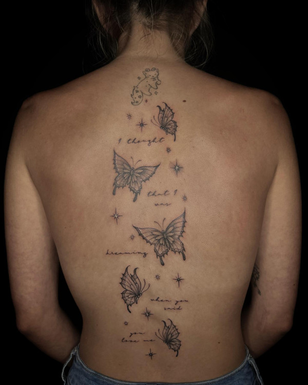 butterfly tattoo with poetic, butterfly spine tattoo, butterfly spine tattoo ideas, butterfly spine tattoo meaning, butterfly spine tattoo with words
