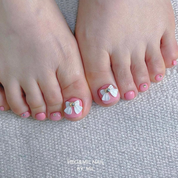 Pink Toe Nails with Bow Embellishment : 35 Pretty Toe Nail Art Ideas