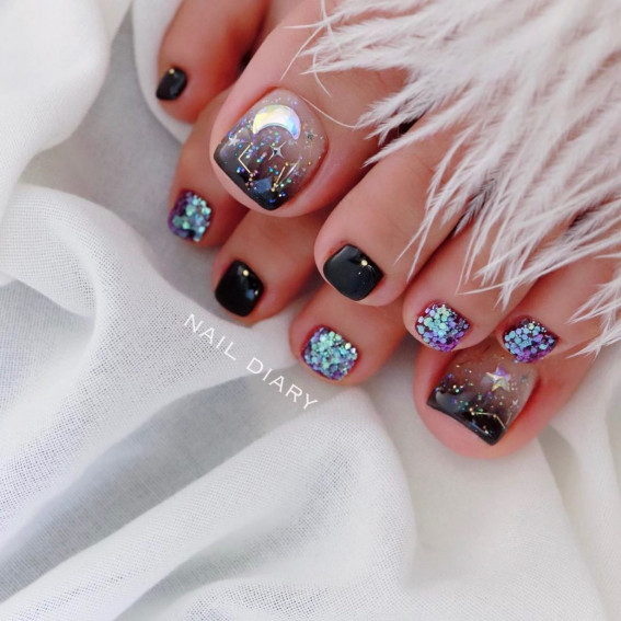 Celestial Glitter Toe Nail Design : 35 Pretty Toe Nail Art Ideas
