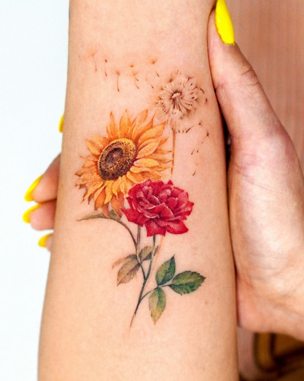 sunflower, rose, and dandelion tattoo, flower tattoos, arm tattoos