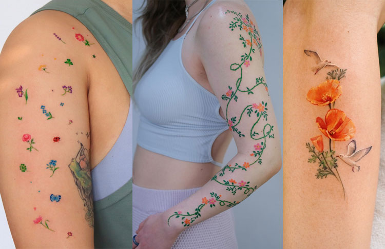 Floral Arm Tattoos, flower tattoo arm women. Flower tattoo arm female, floral arm tattoo, unique flower arm tattoos for females, colourful floral tattoos, Flower tattoo arm forearm